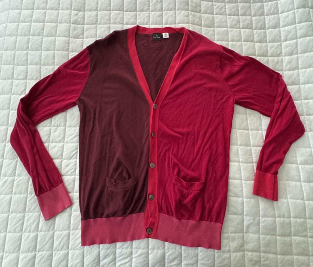 PS Paul Smith Sweater Mens Large Red Color Block Cardigan Cotton Silk Cashmere *